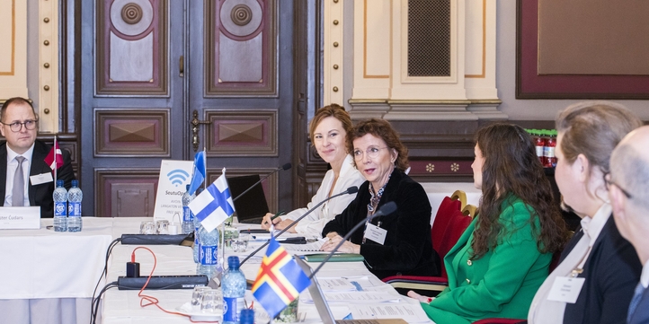 People sitting at table with Nordic and Baltic flags