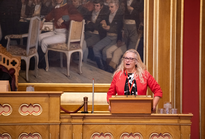 Ruth Mari Grung taler fra Stortingets talerstol under Nordisk råds sesjon 2018