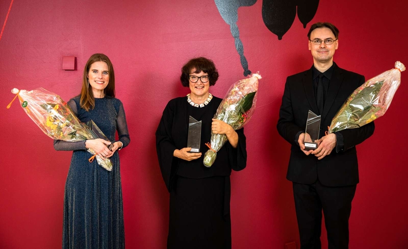 Litterature prize: Monika Fagerholm  Children and Young People’s Literature Prize: Jens Mattsson (not in photo) and Jenny Lucander  Music prize: Sampo Haapamäki