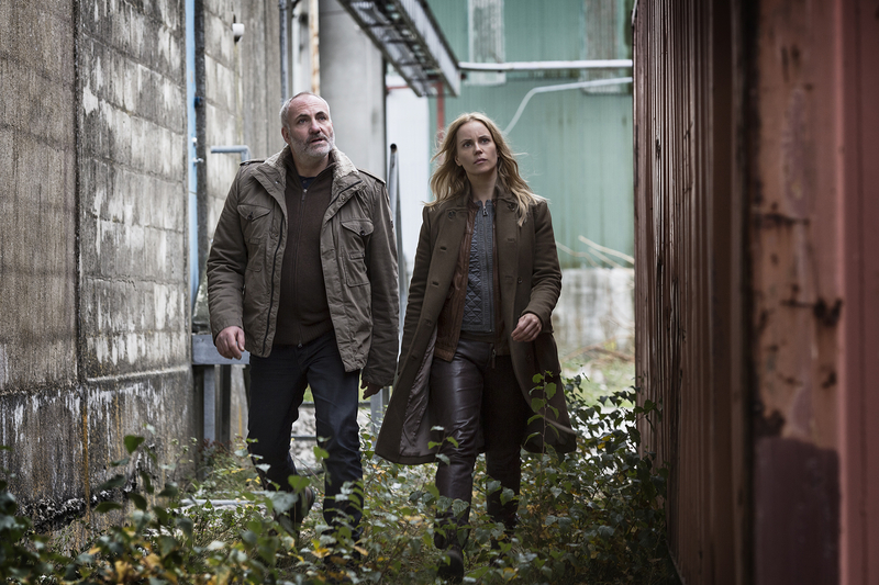 Swedish actress Sofia Helin and Danish actor Kim Bodnia during the filming of the tv-series "The Bridge".