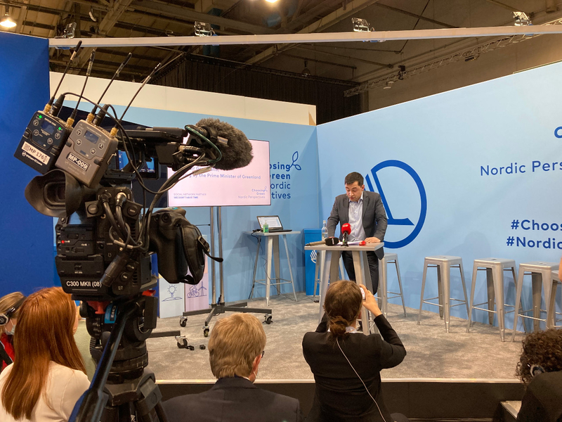 The Prime Minister of Greenland, Mute B Egede, at the Nordic Pavilion at COP26