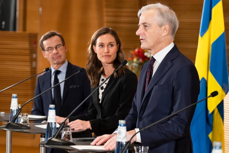 Press conference for the prime ministers at the Nordic Council Session 2022, Helsinki. Seen at the picture is Jonas Gahr Støre, Sanna Marin, Ulf Kristersson. 