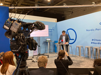 The Prime Minister of Greenland, Mute B Egede, at the Nordic Pavilion at COP26