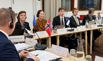 People sitting in a meeting with Nordic flags on the table